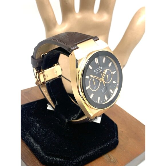 Citizen Mens Watch CA4583-01E Eco Drive Chronograph Rose Gold Brown Leather Band - Picture 15 of 15